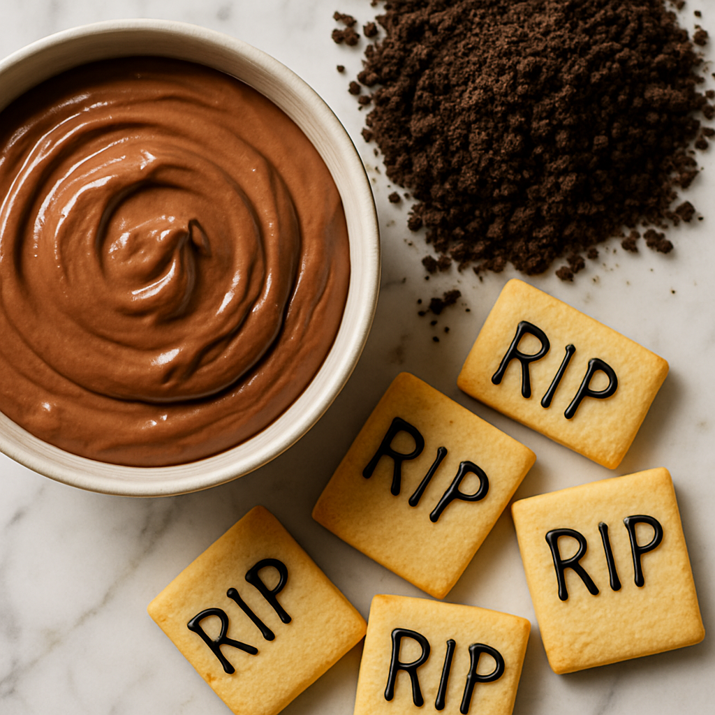 Close-up of ingredients: bowl of chocolate pudding, crushed cookies, and tombstones.