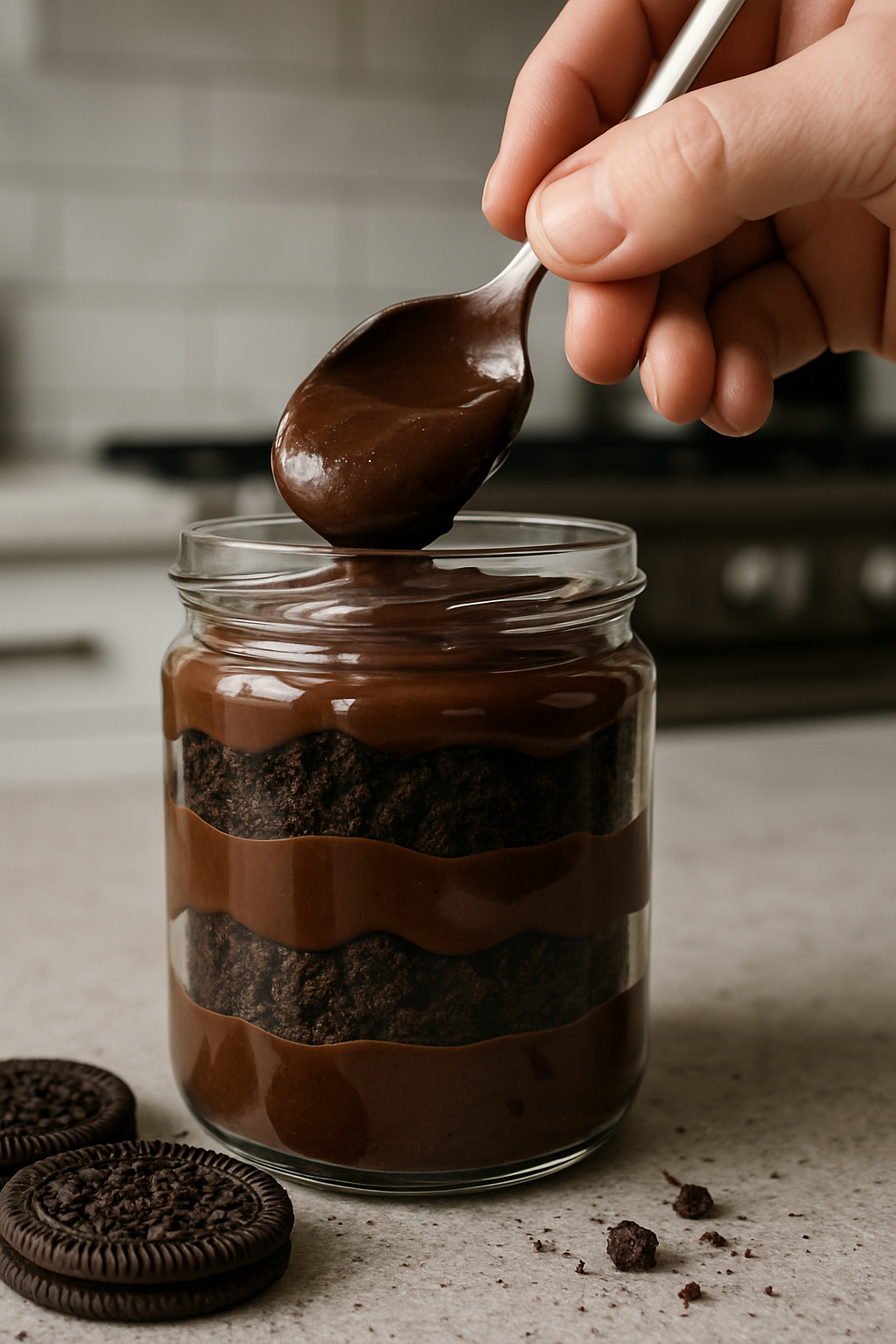 Graveyard Chocolate Pudding layering process