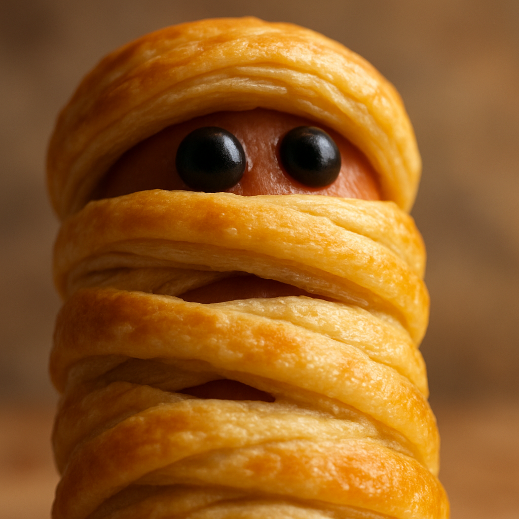 An extreme close-up, low-angle shot of a single baked 'Mummy Sausage Roll'.