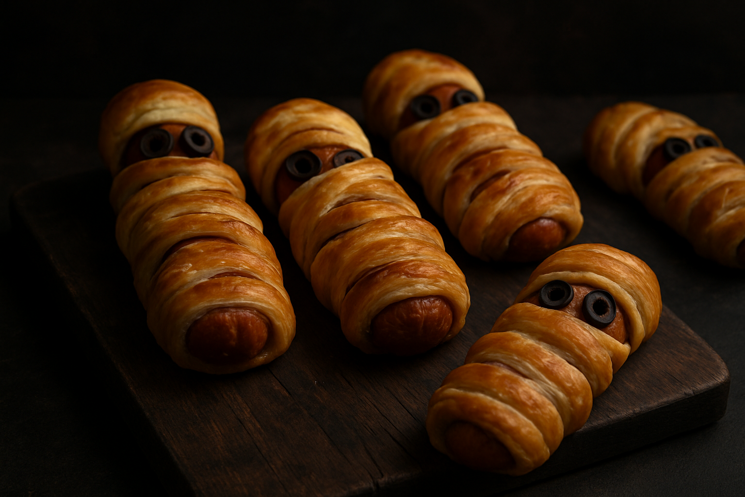 A wide shot of several baked 'Mummy Sausage Rolls' arranged on a rustic wooden board.