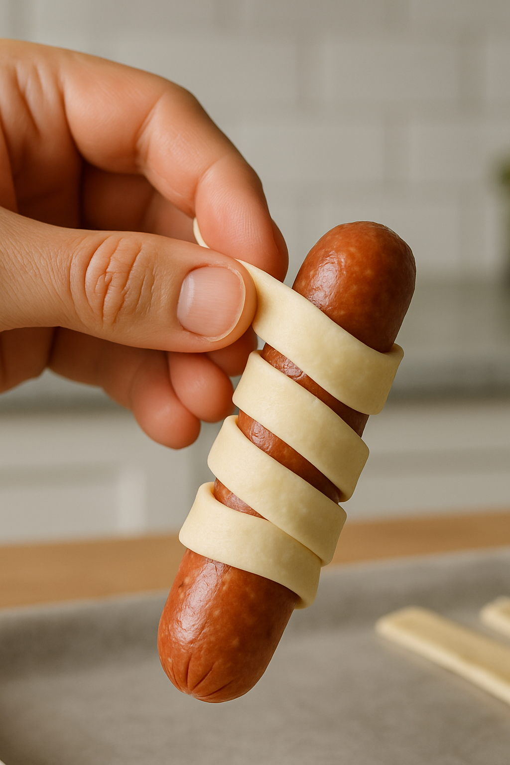 A close-up, action shot of a hand carefully wrapping a strip of puff pastry around a sausage link to create the mummy effect.
