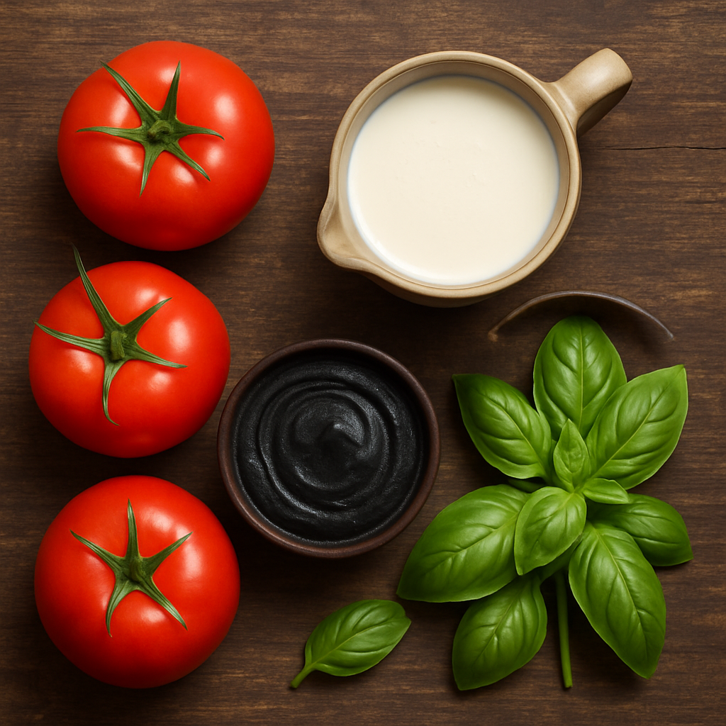 A flat lay of the main ingredients for a creamy tomato soup: fresh tomatoes, cream, basil, and a small bowl of black-colored sour cream for the web.