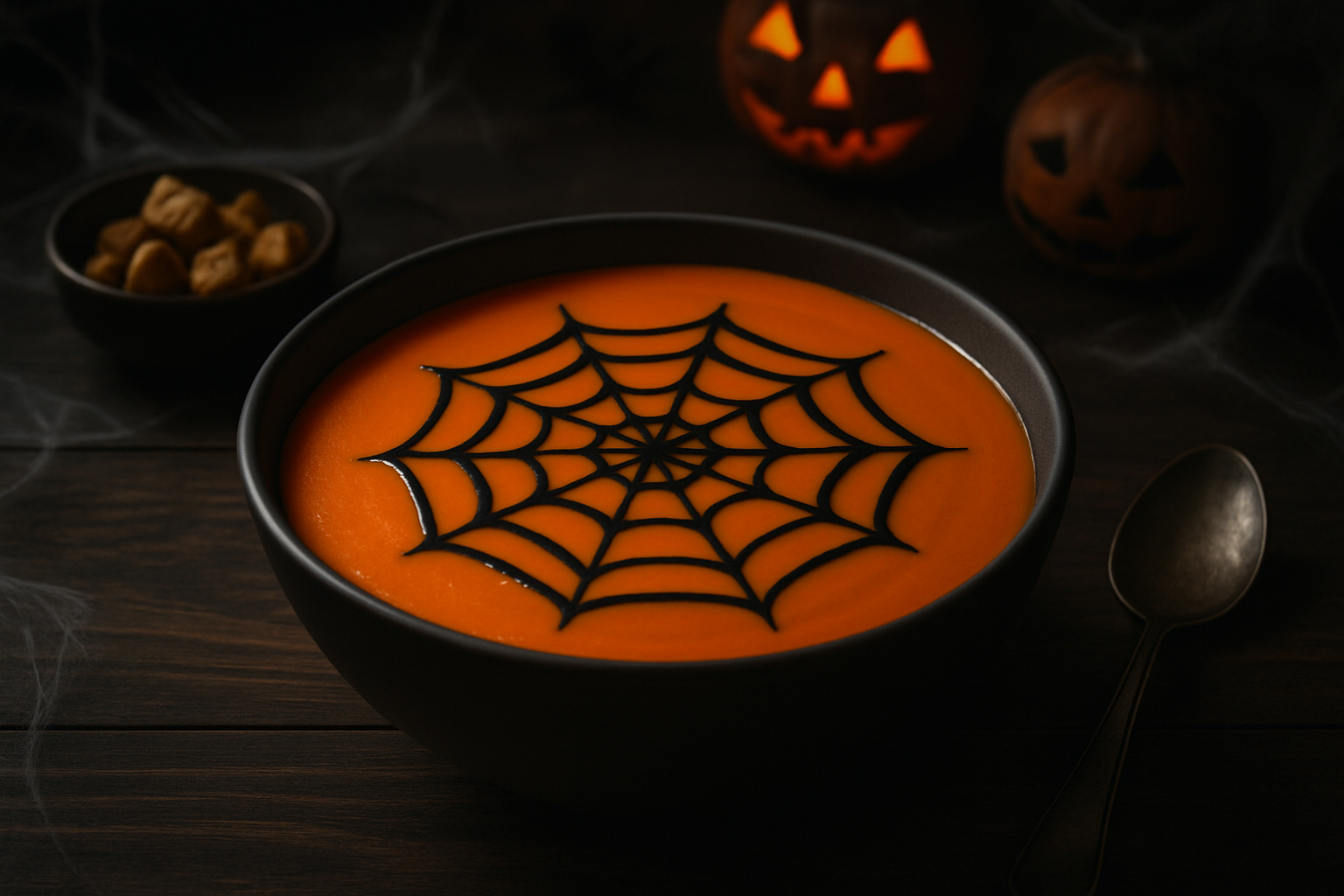 A wide shot of a bowl of creamy orange tomato soup with a perfect black sour cream spider web design on top.