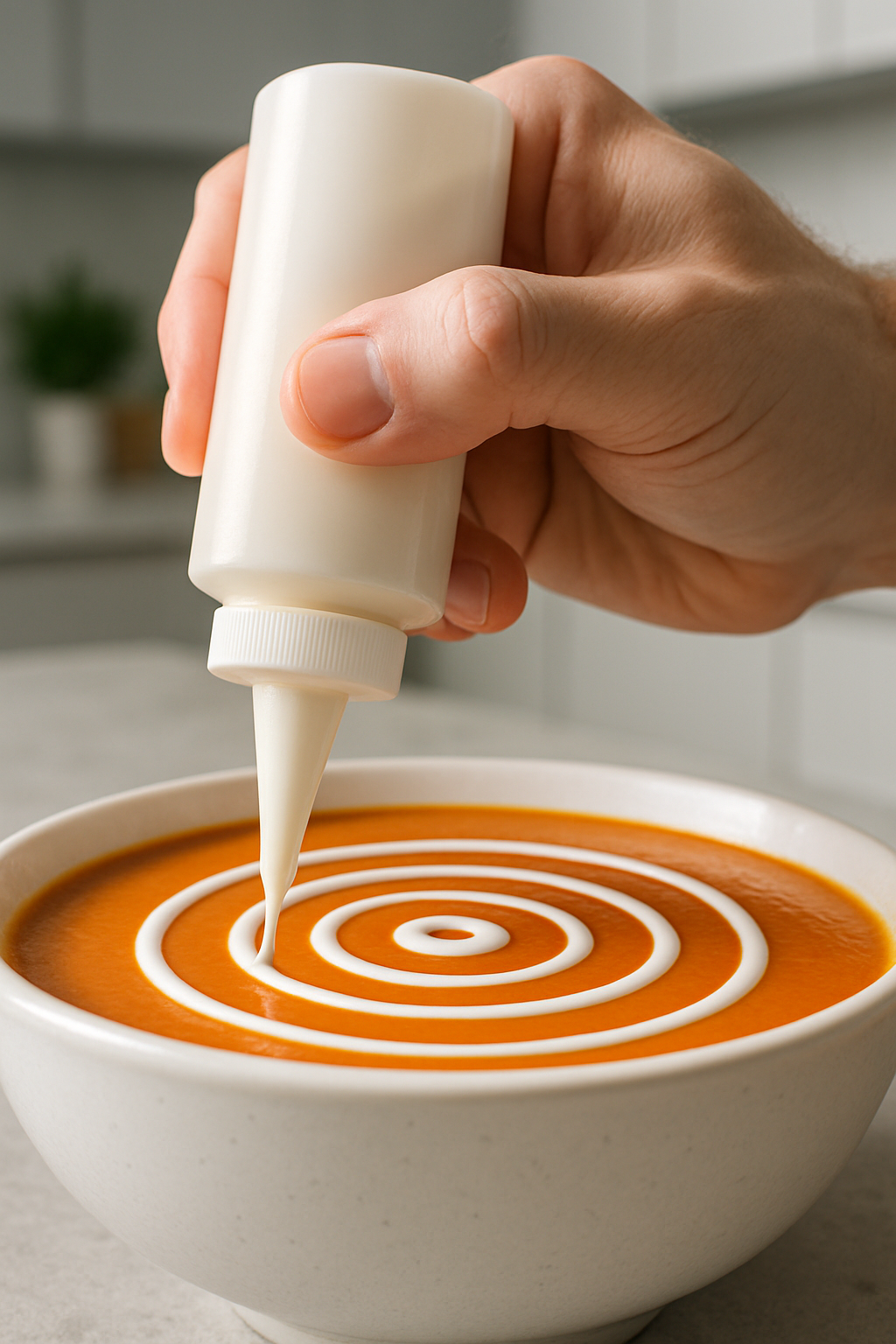 A close-up, action shot of a hand using a squeeze bottle to draw the sour cream concentric circles on the soup surface.