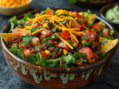 Beef taco salad with lettuce, tomato, and cheese