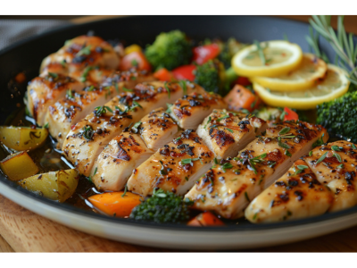 Lemon garlic chicken with colorful veggies in a skillet