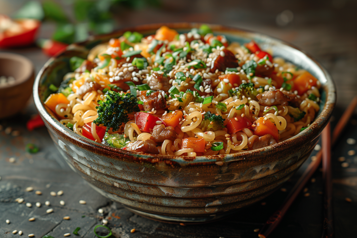 Veggie stir-fry noodles with colorful vegetables