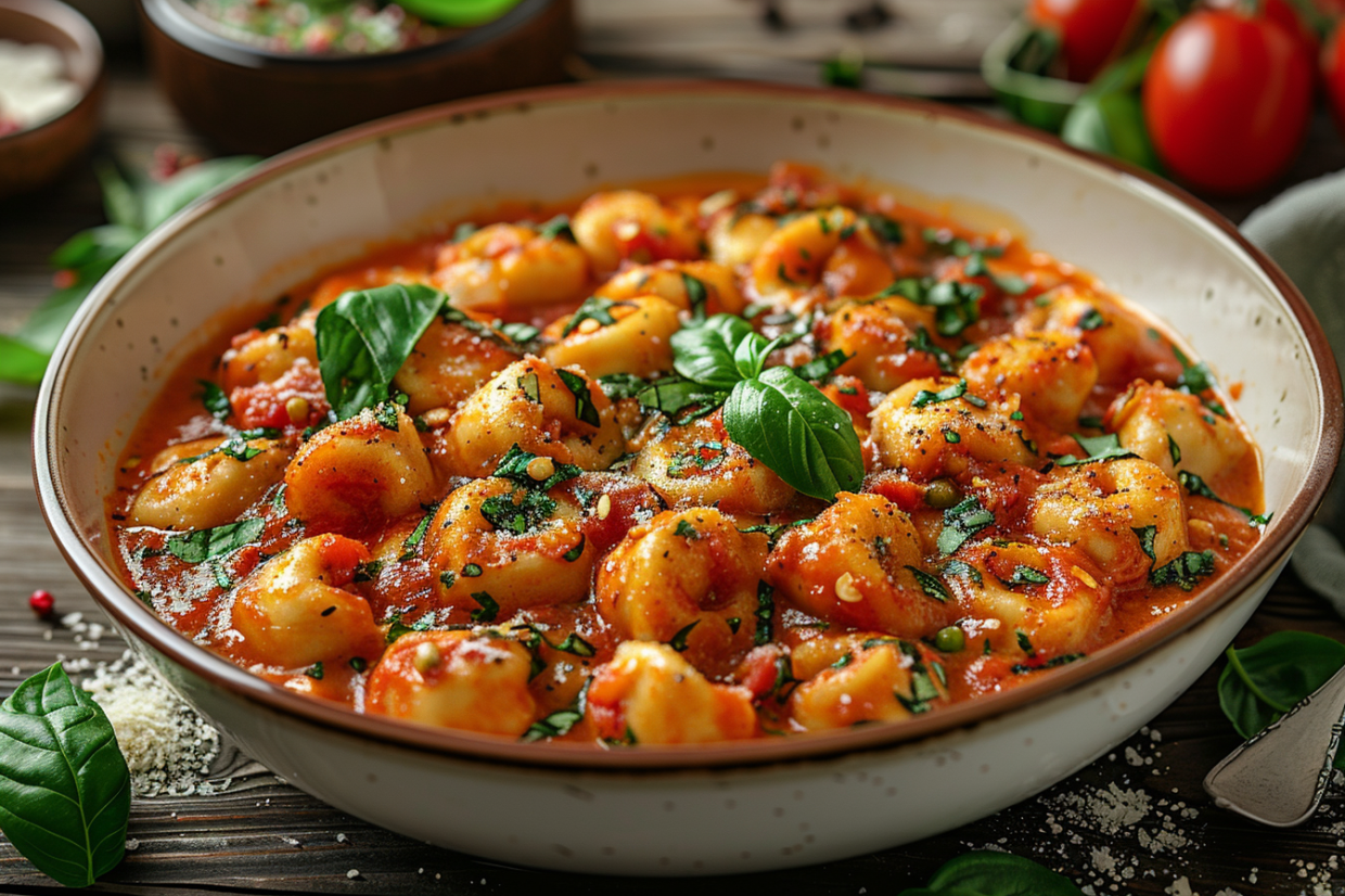 Creamy tomato cheese tortellini garnished with basil