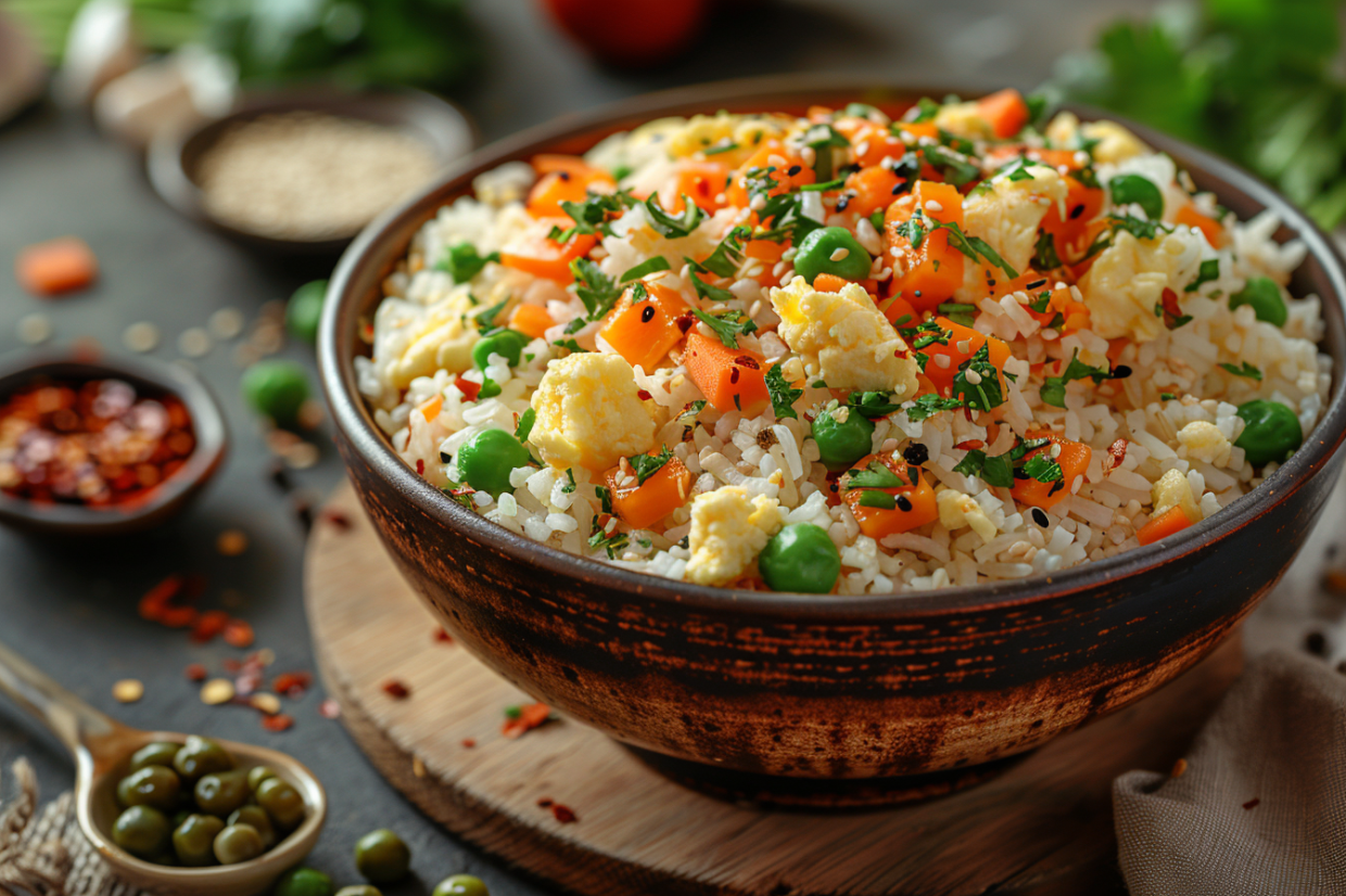 Egg fried rice with peas and carrots in a bowl